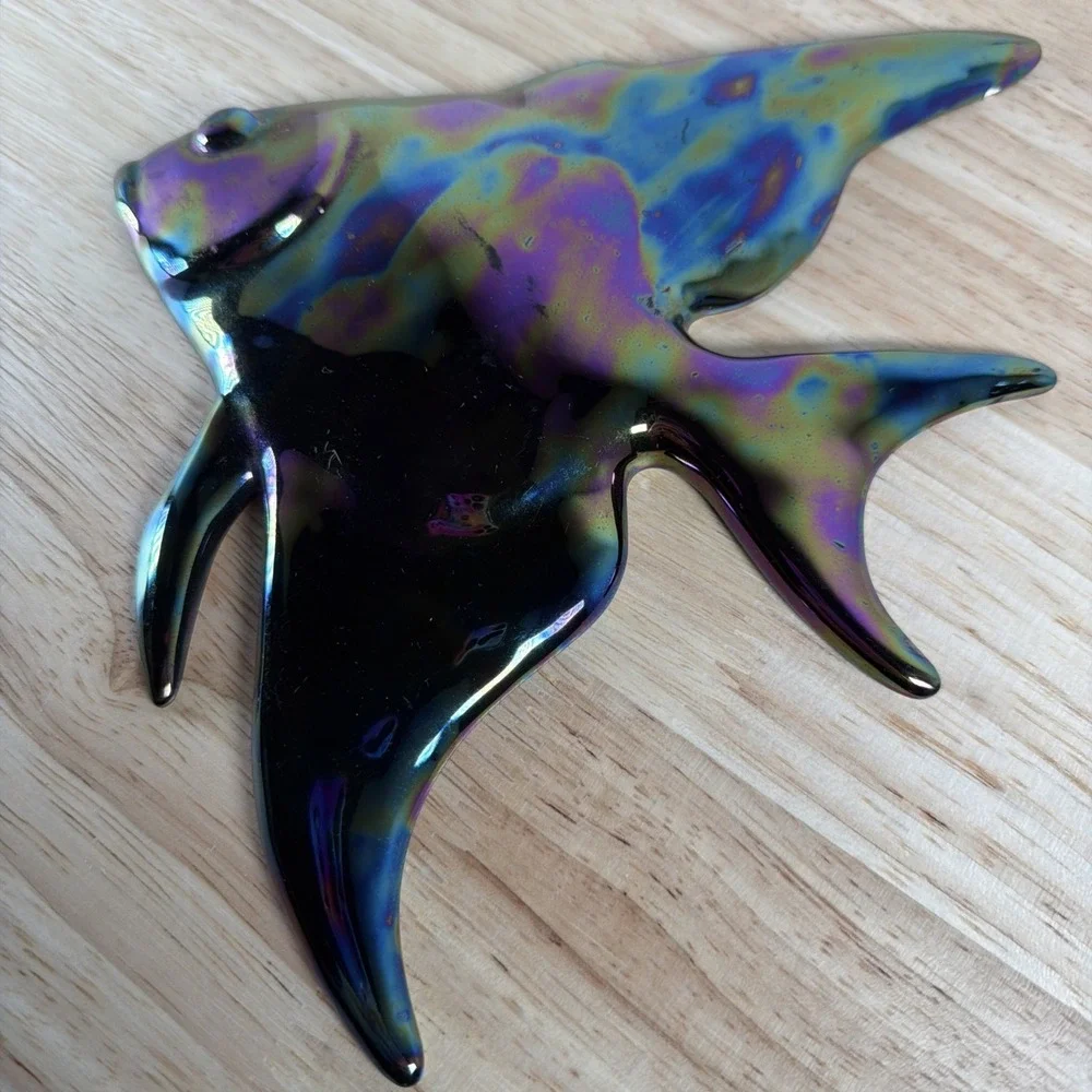 Vintage Ceramic Iridescent Dark Black Tropical Fish Wall Hanging